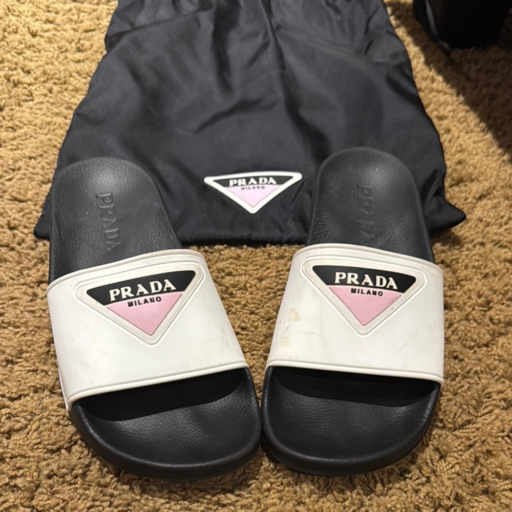 Prada White, Pink, and Black Slides